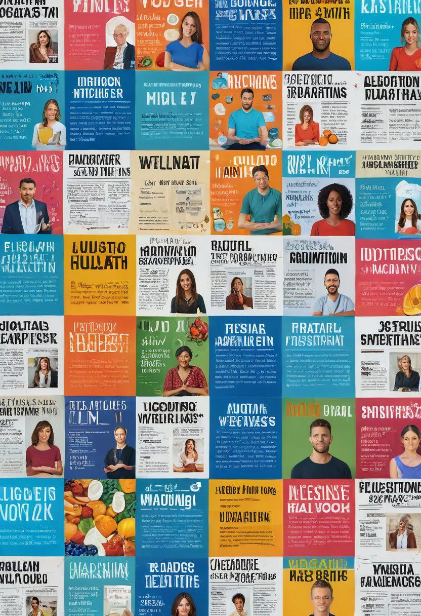 A dynamic collage depicting various trending news headlines, interspersed with vibrant icons representing wellness tips such as fresh fruits, yoga poses, and meditation. The background features a digital news dashboard, with bright colors that convey energy and urgency. Include diverse people engaged in health-focused activities, symbolizing community and connection. super-realistic. vibrant colors. 3D.