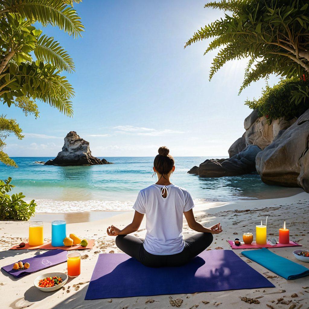 A soothing, sunlit scene of a person meditating on a serene beach, surrounded by nature. In the background, colorful wellness icons like yoga mats, fruits, and herbal teas float softly in the air, symbolizing health and happiness. Gentle waves lap at the shore, creating a calming atmosphere. The entire image is infused with warm, vibrant colors to evoke positivity and tranquility. super-realistic. vibrant colors. white background.