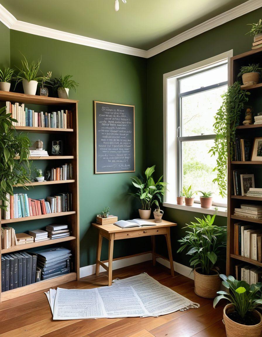 A serene study room filled with books and soft natural light, a person meditating in the corner, a chalkboard with handwritten lifestyle tips, and various personal development tools scattered around. Include an open journal with a pen, plants for a calming touch, and motivational quotes on the wall. warm colors, cozy ambiance, inviting atmosphere.